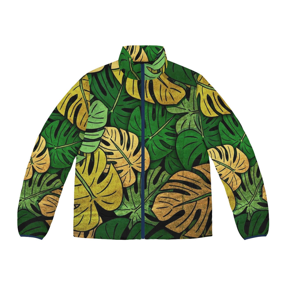 Puffer jacket featuring a grunge-inspired monstera leaf print