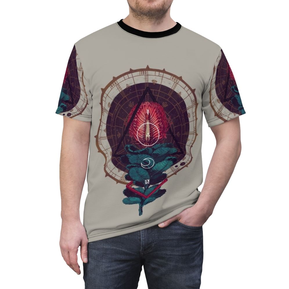 Geometric art design featuring sacred symbols and nature elements on a high-quality t-shirt. - men front