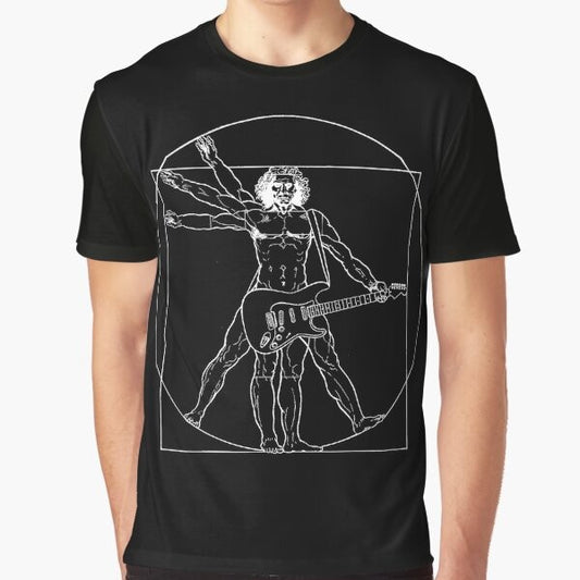 Vetruvian man graphic t-shirt with electric guitar, inspired by Leonardo da Vinci's classical artwork