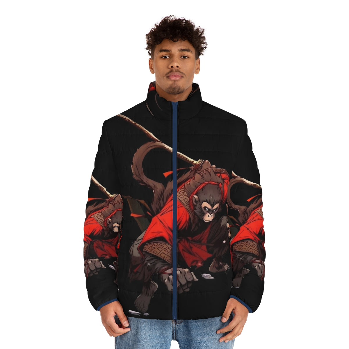 Ninja Monkey Puffer Jacket showcasing an anthropomorphous warrior design - men front