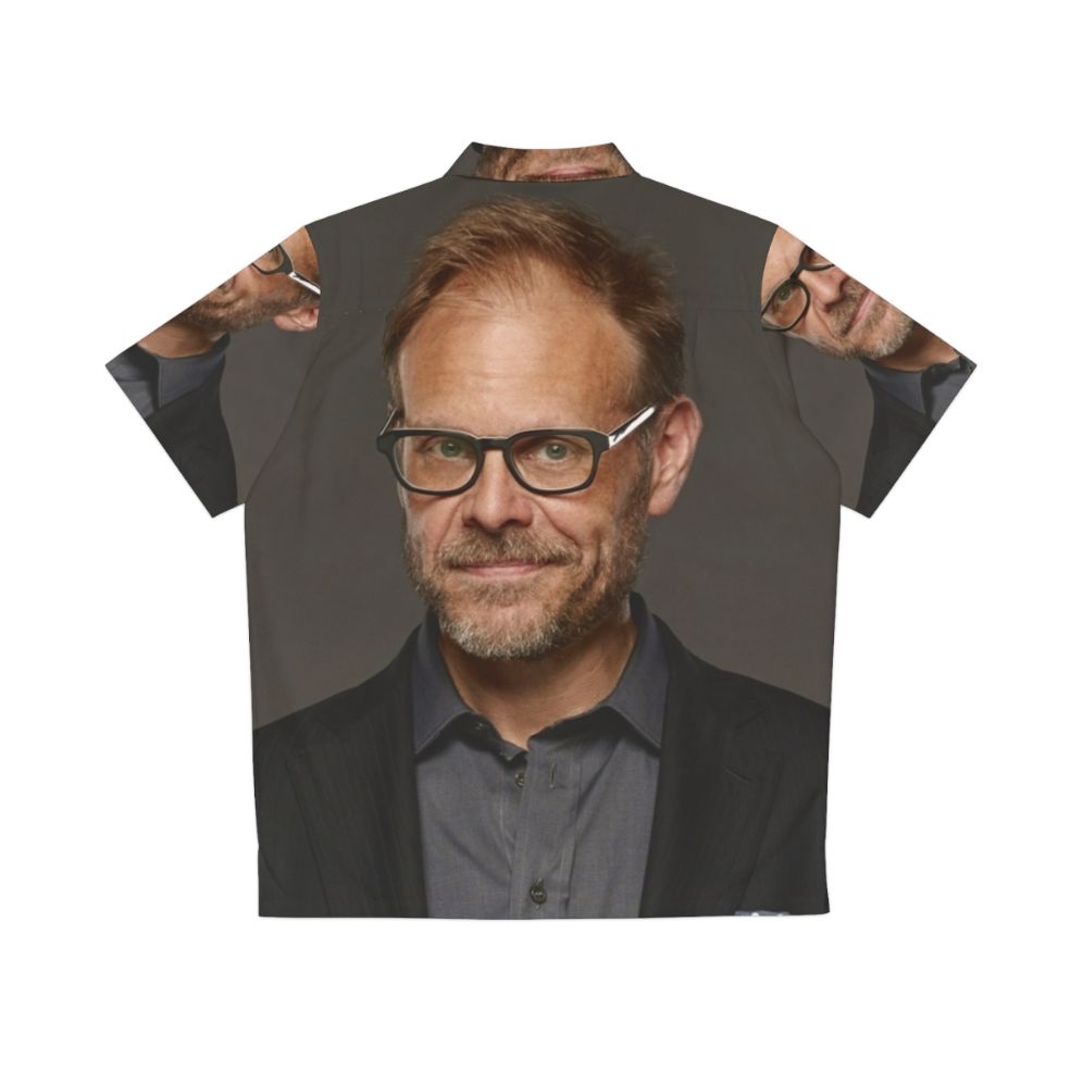 Alton Brown wearing a colorful Hawaiian shirt with a cooking theme - Back