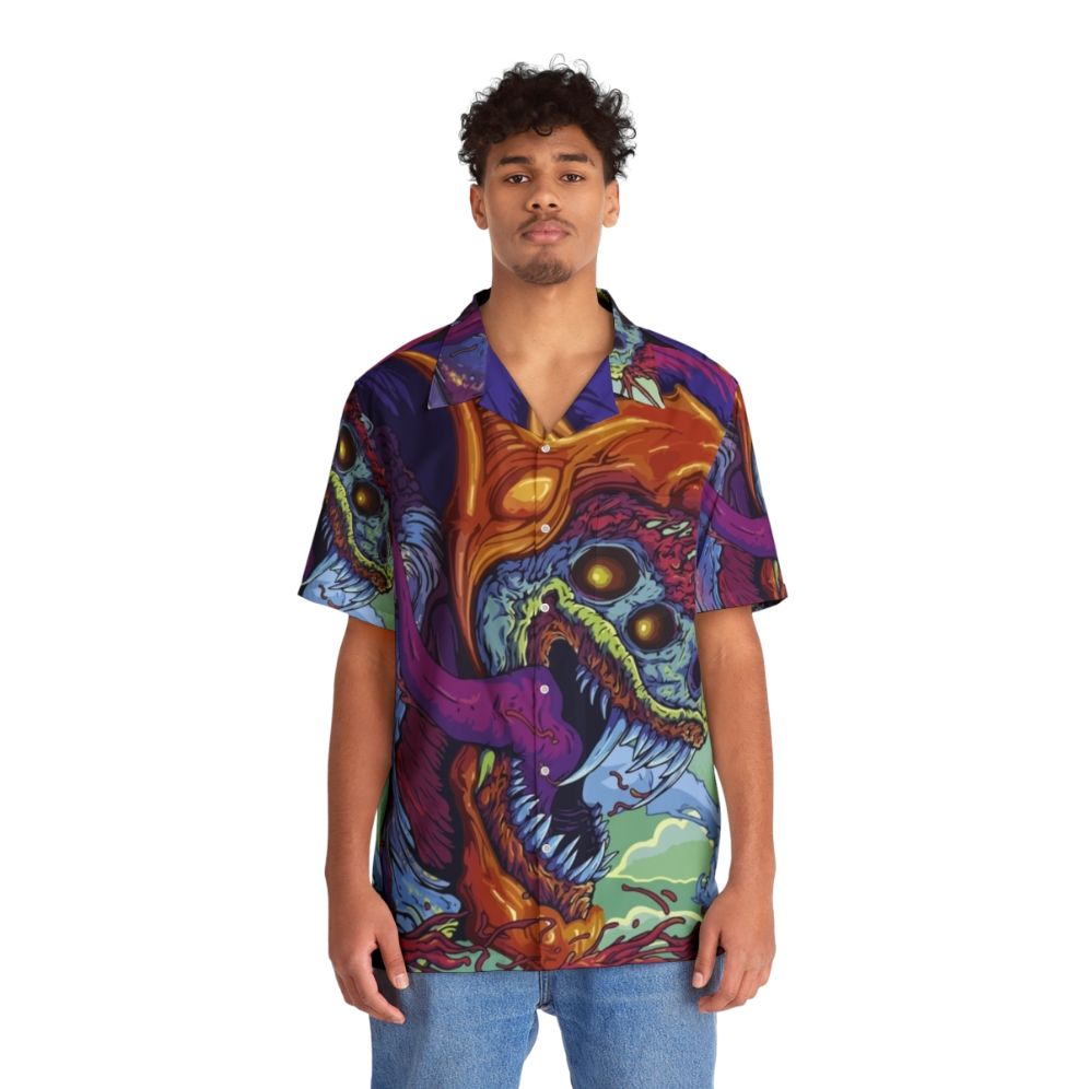 Hyper Beast Hawaiian Shirt featuring vibrant watercolor patterns and gaming elements - People Front