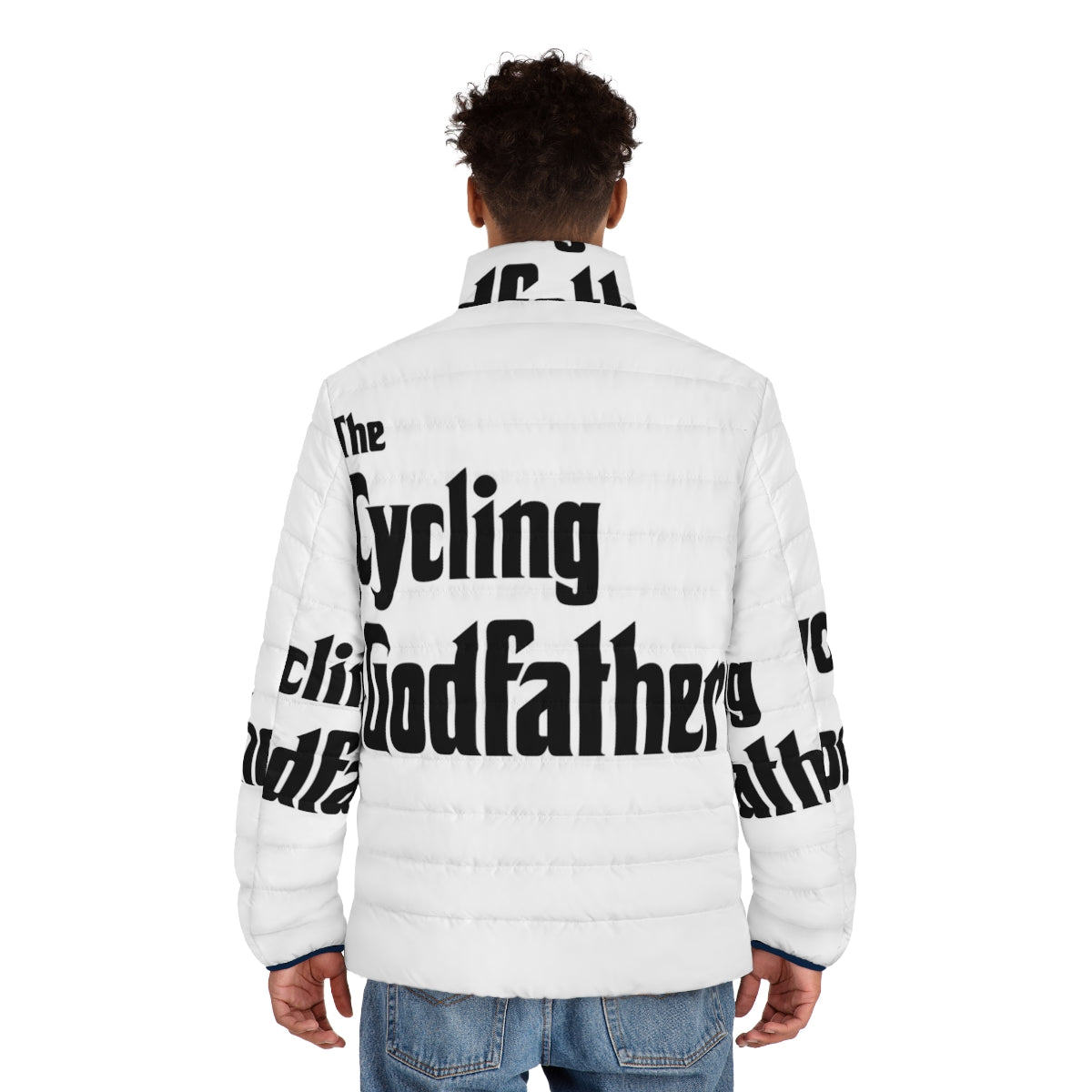 A puffer jacket with the "The Cycling Godfather" design, perfect for cycling enthusiasts - men back