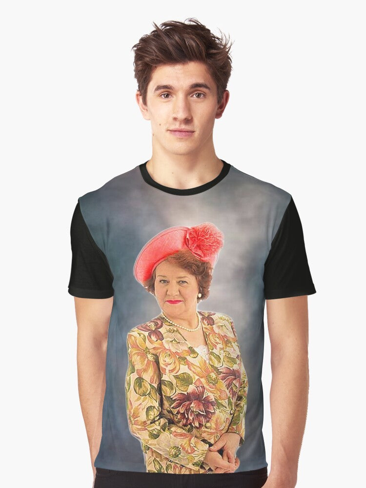 A graphic t-shirt featuring the iconic character Hyacinth Bucket from the British sitcom "Keeping Up Appearances". - Men