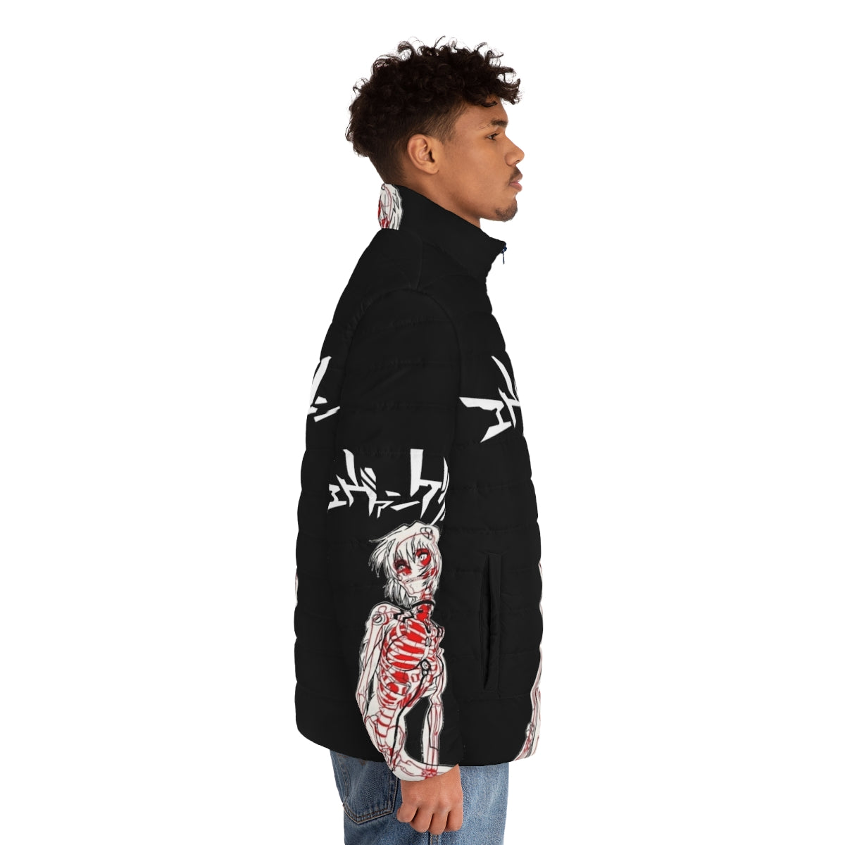 Rei Evangelion Neon Genesis Puffer Jacket featuring the iconic character from the anime series - men side right