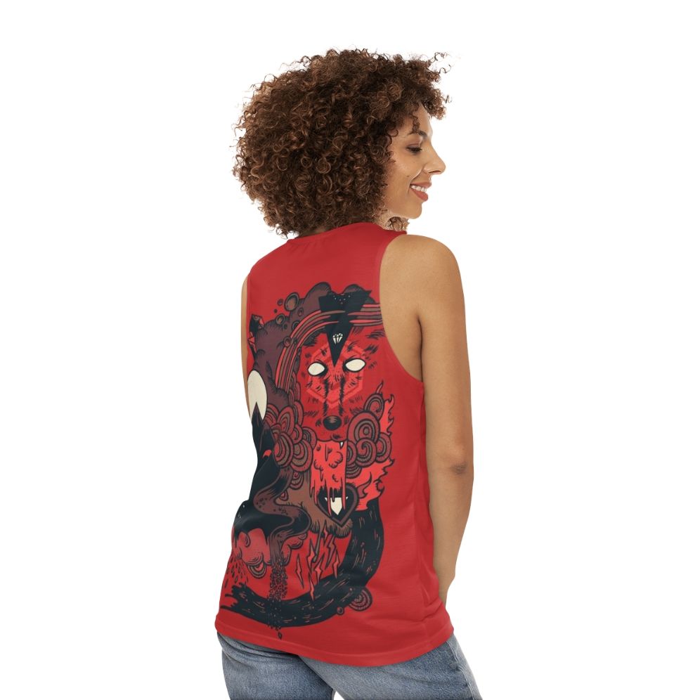 Unisex tank top with a fierce wolf leader design - women back