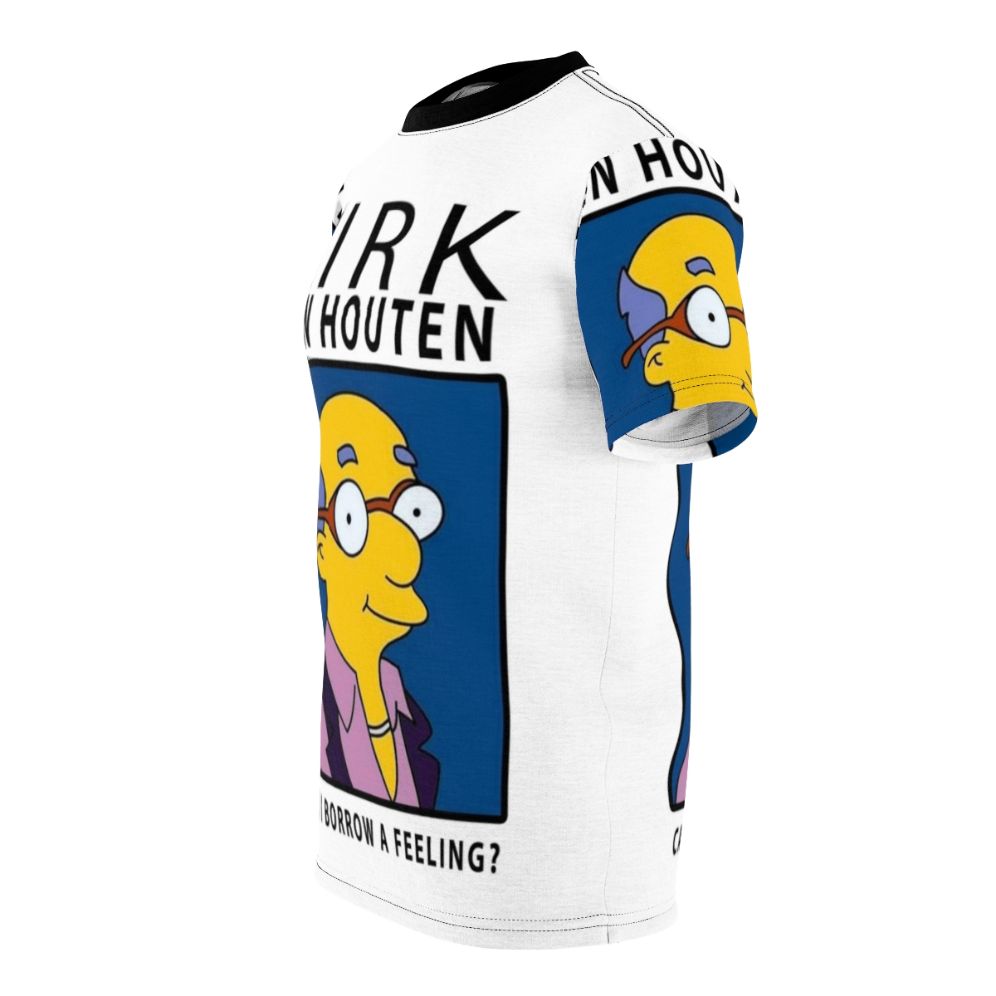 Graphic T-shirt design featuring the character Kirk Van Houten from the 90s TV show The Simpsons with the quote "Can I Borrow A Feeling?" - men left