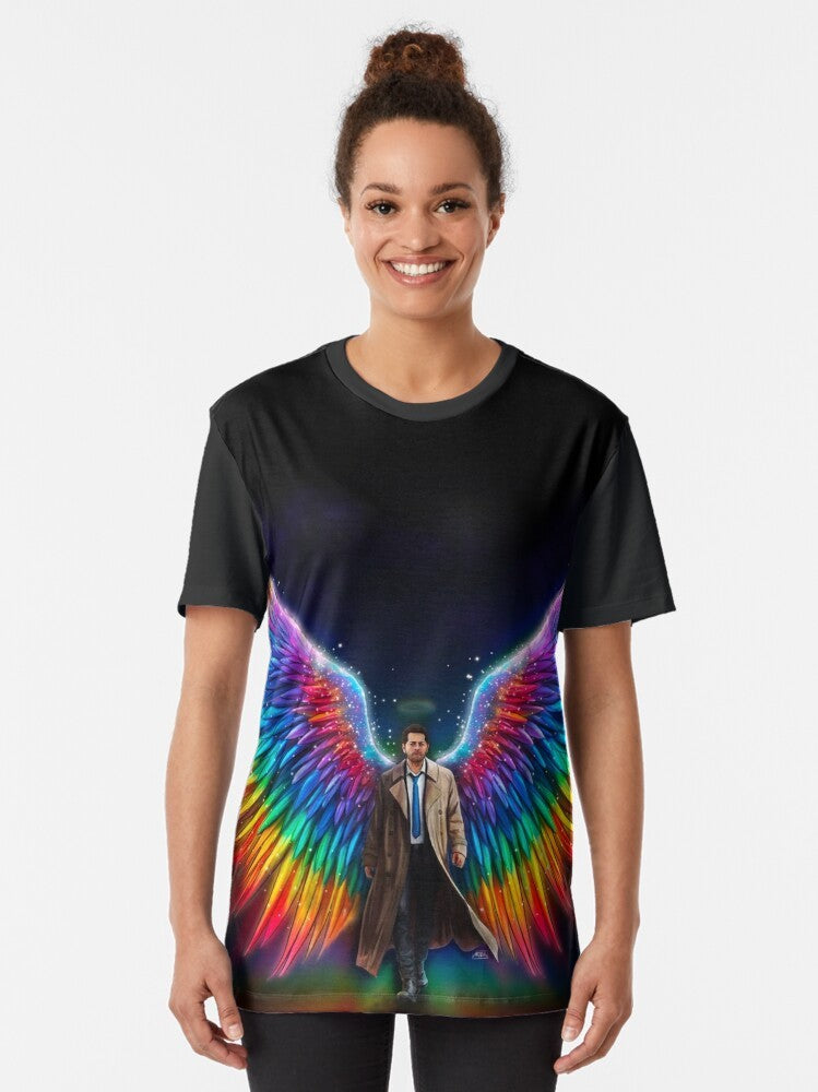 Castiel from Supernatural TV show graphic t-shirt with rainbow pride colors - Women