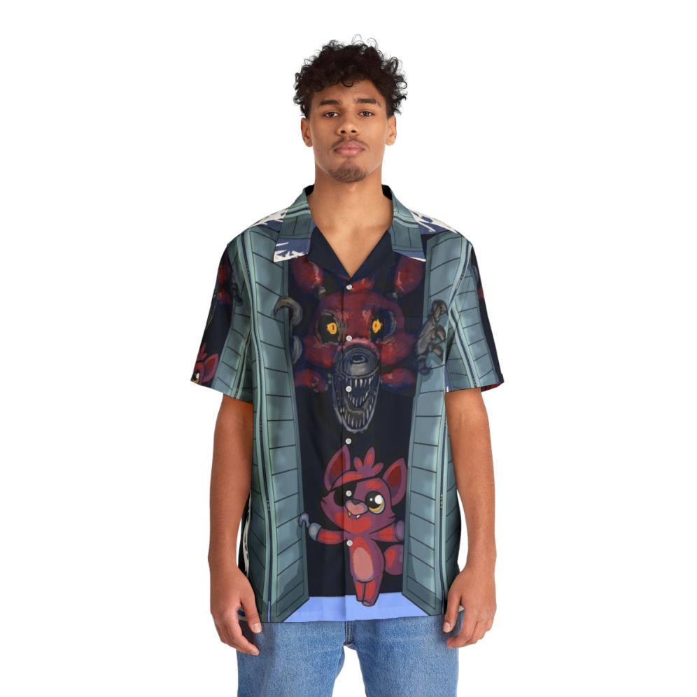 Tropical Hawaiian shirt for gamers with FNAF 4 and Foxy designs - People Front