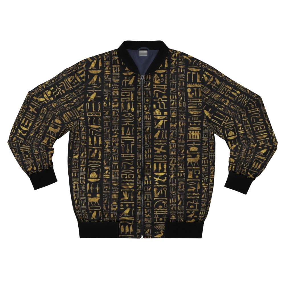 Vintage Egyptian hieroglyphs bomber jacket in black with gold accents