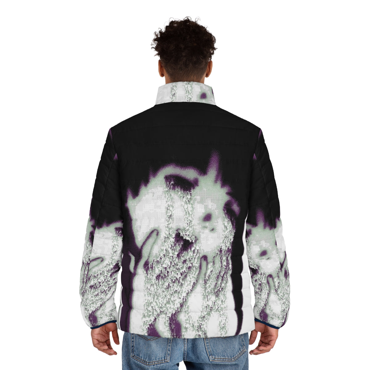 Puffer jacket with glitch art and pixel art design, perfect for winter and vaporwave streetwear - men back