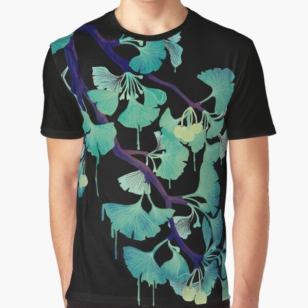 A watercolor-style graphic of a ginkgo tree on a black t-shirt.