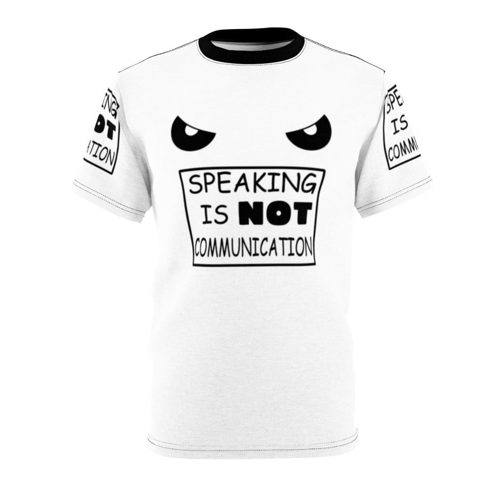 Anime-inspired graphic tee with the text "Speaking Is Not Communication"