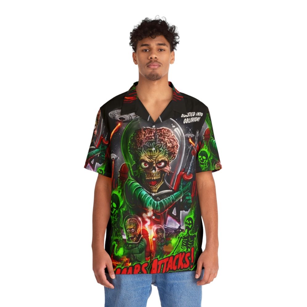 Retro Mars Attacks Hawaiian Shirt featuring science fiction comedy alien invasion - People Front