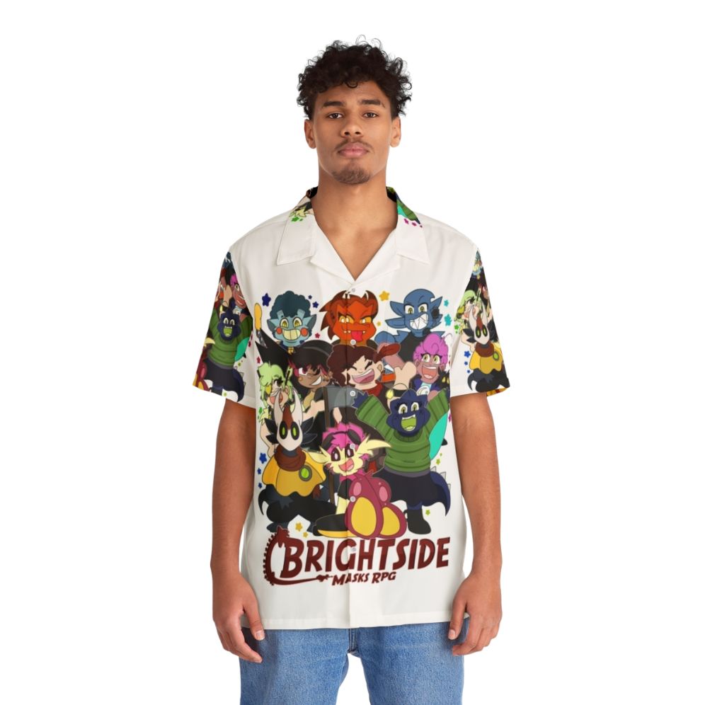 Bright Hawaiian shirt with chibi superhero and villain designs - People Front