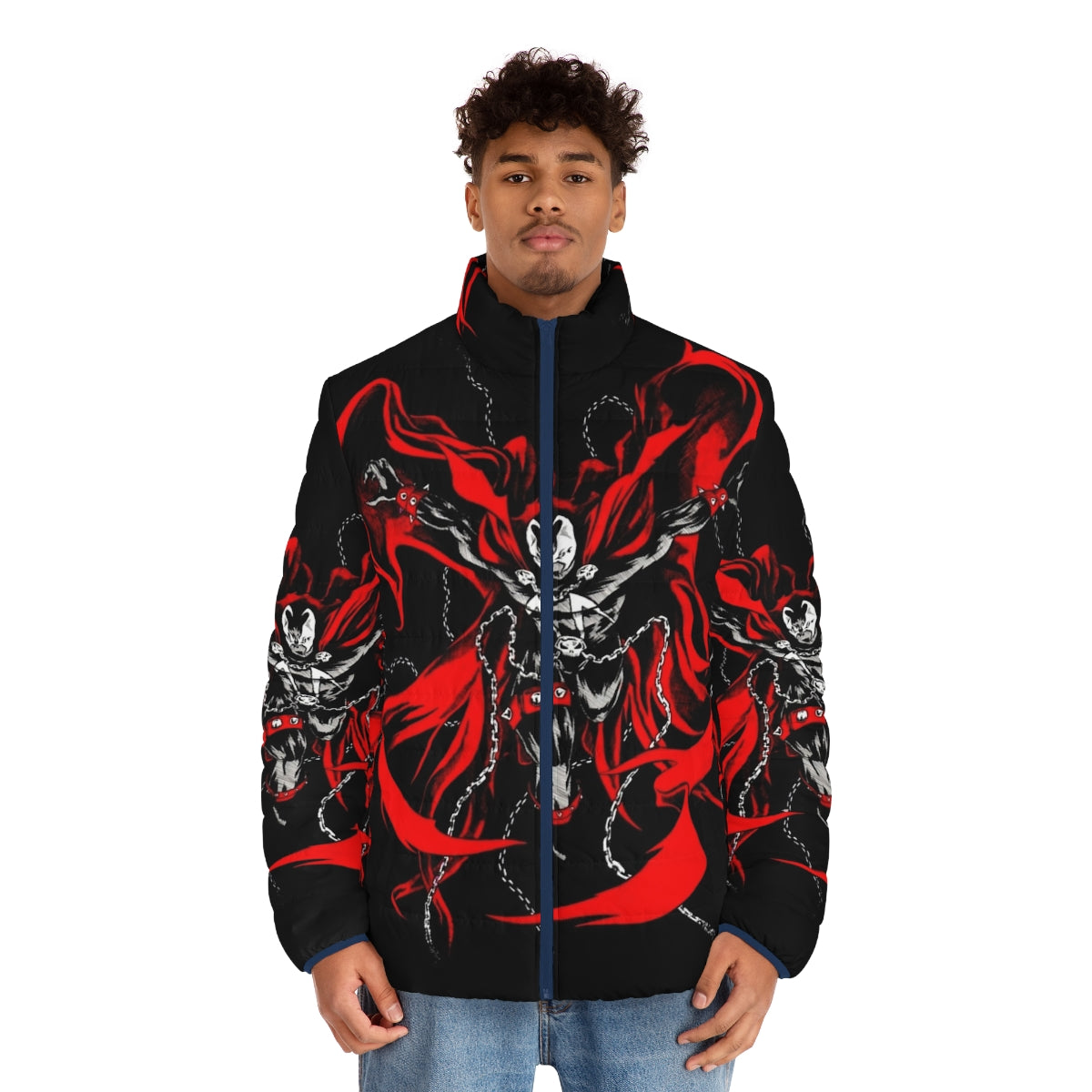 Hellspawn Puffer Jacket with comic book-inspired graphics and dark design - men front