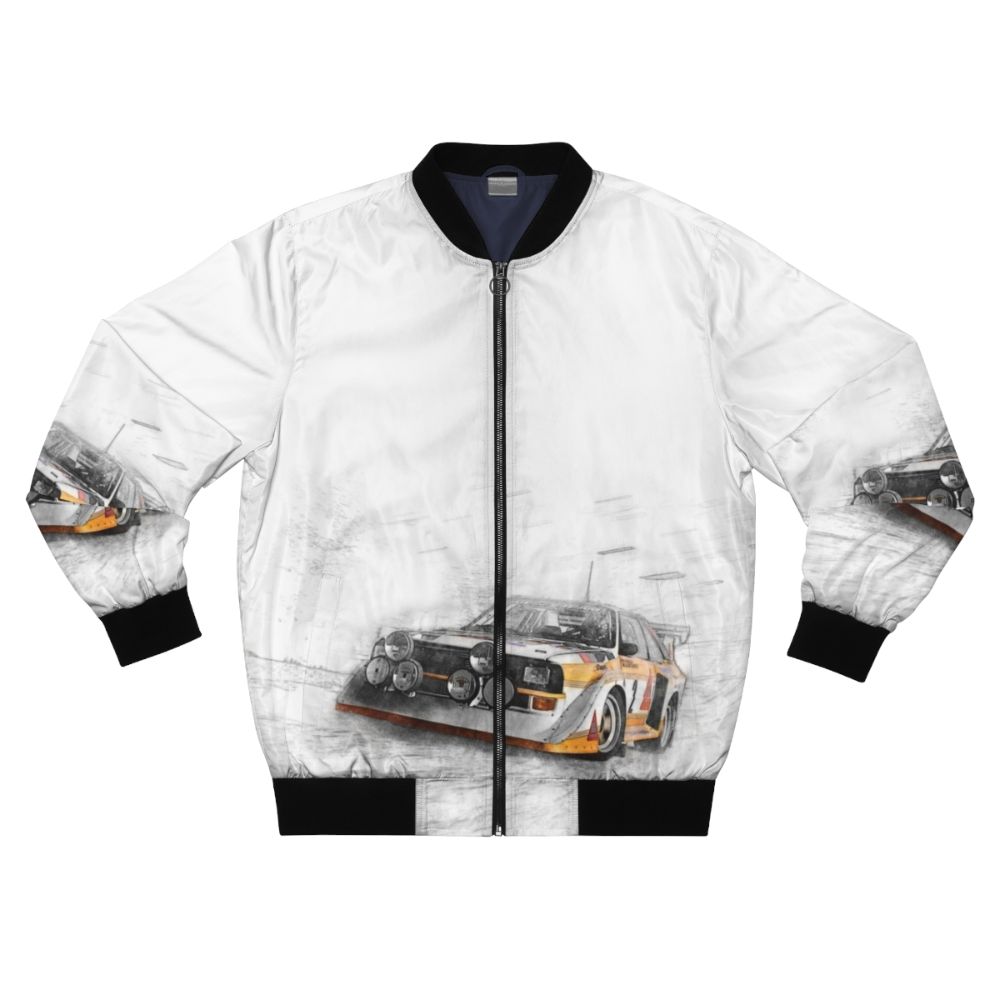 Bomber jacket featuring a rally car illustration with a painting effect, highlighting the motorsport and German automotive design.