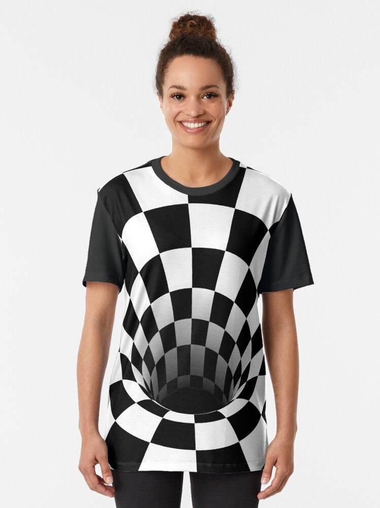 Optical illusion black and white graphic tee with a warped checkerboard design - Women