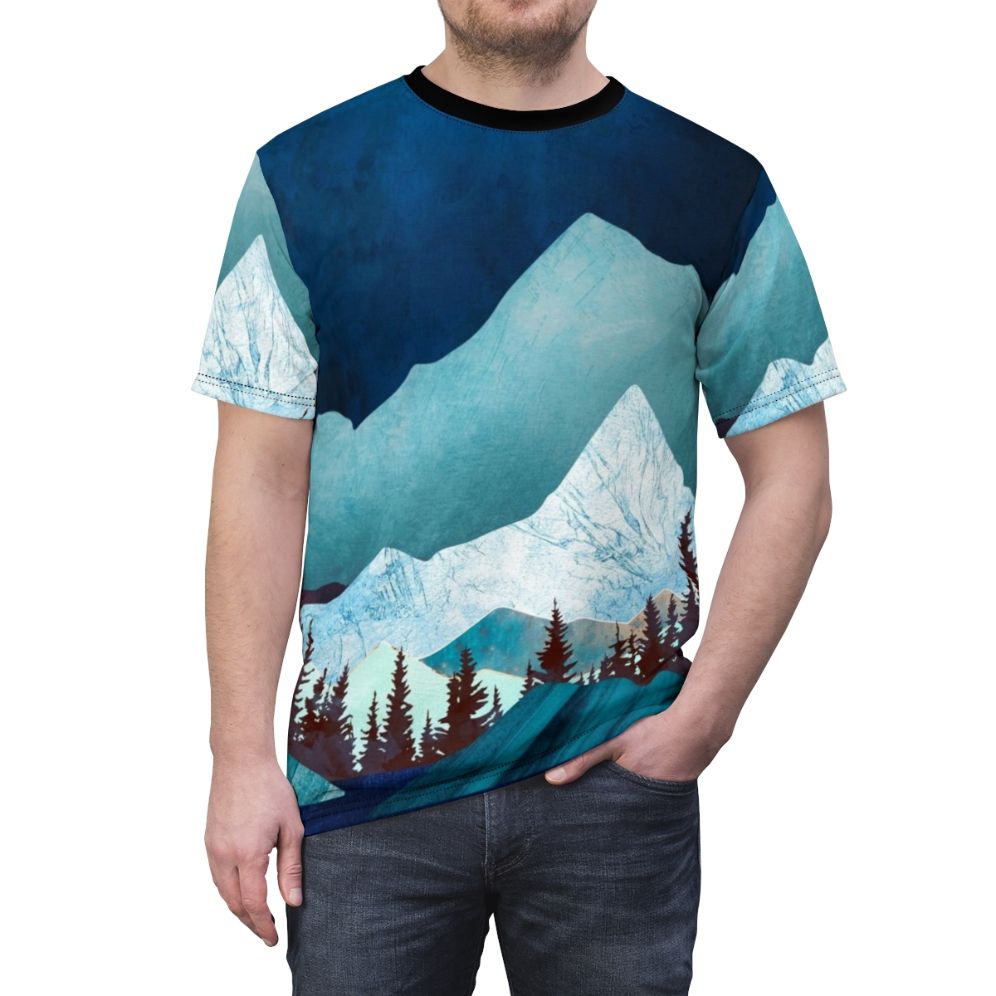 Serene and ethereal moon bay landscape on an all-over printed t-shirt - men front