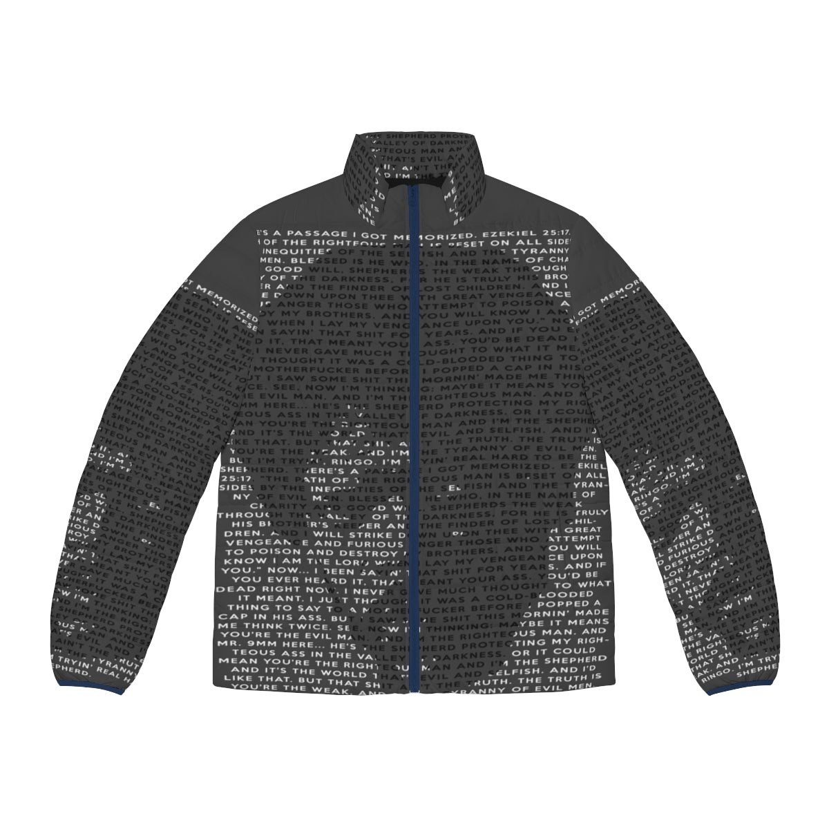 Ezekiel 25 17 Puffer Jacket with Pulp Fiction movie quote and pop art design