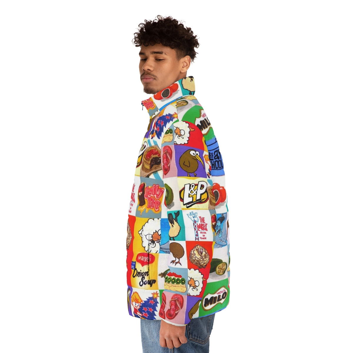 Kiwiana Puffer Jacket featuring a collage of New Zealand food and drink icons - men side left