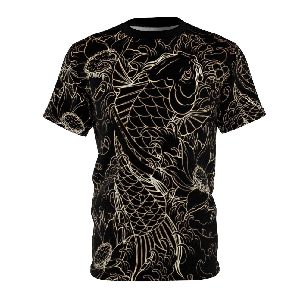 Vibrant koi fish and lotus flower graphic print on a high-quality t-shirt