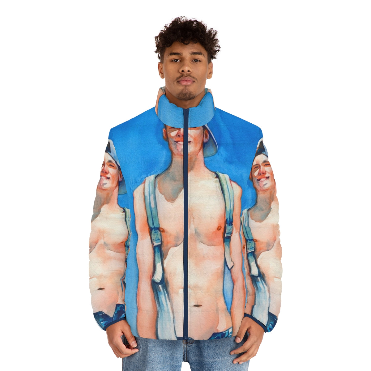 Vibrant watercolor puffer jacket featuring a summer-inspired design - men front