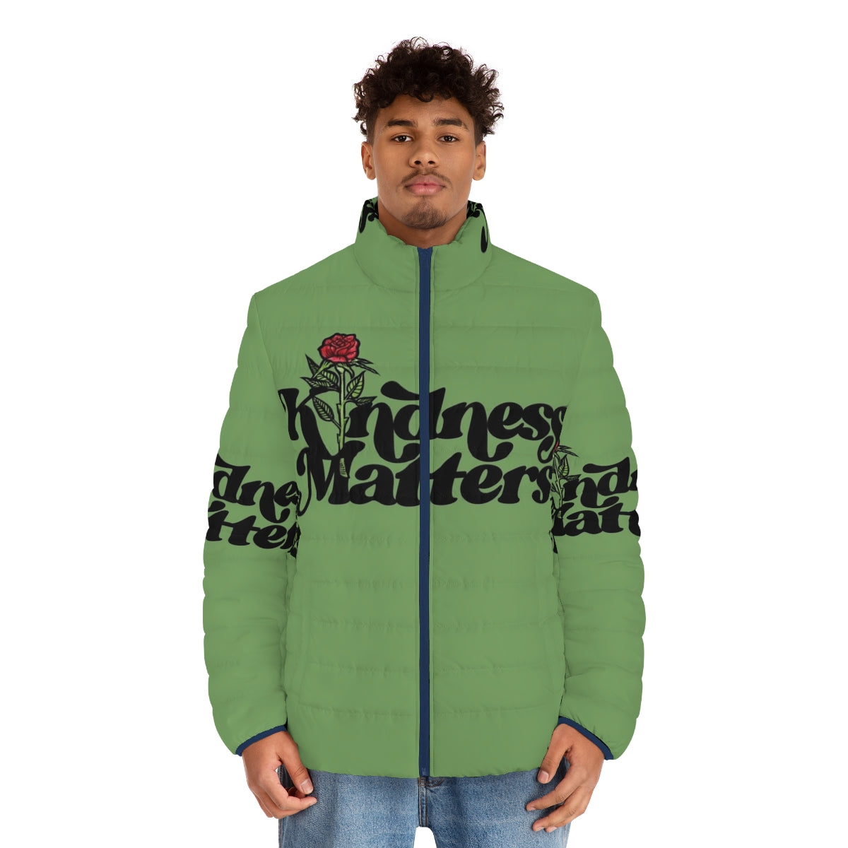 Kindness matters puffer jacket with rose print design - men front