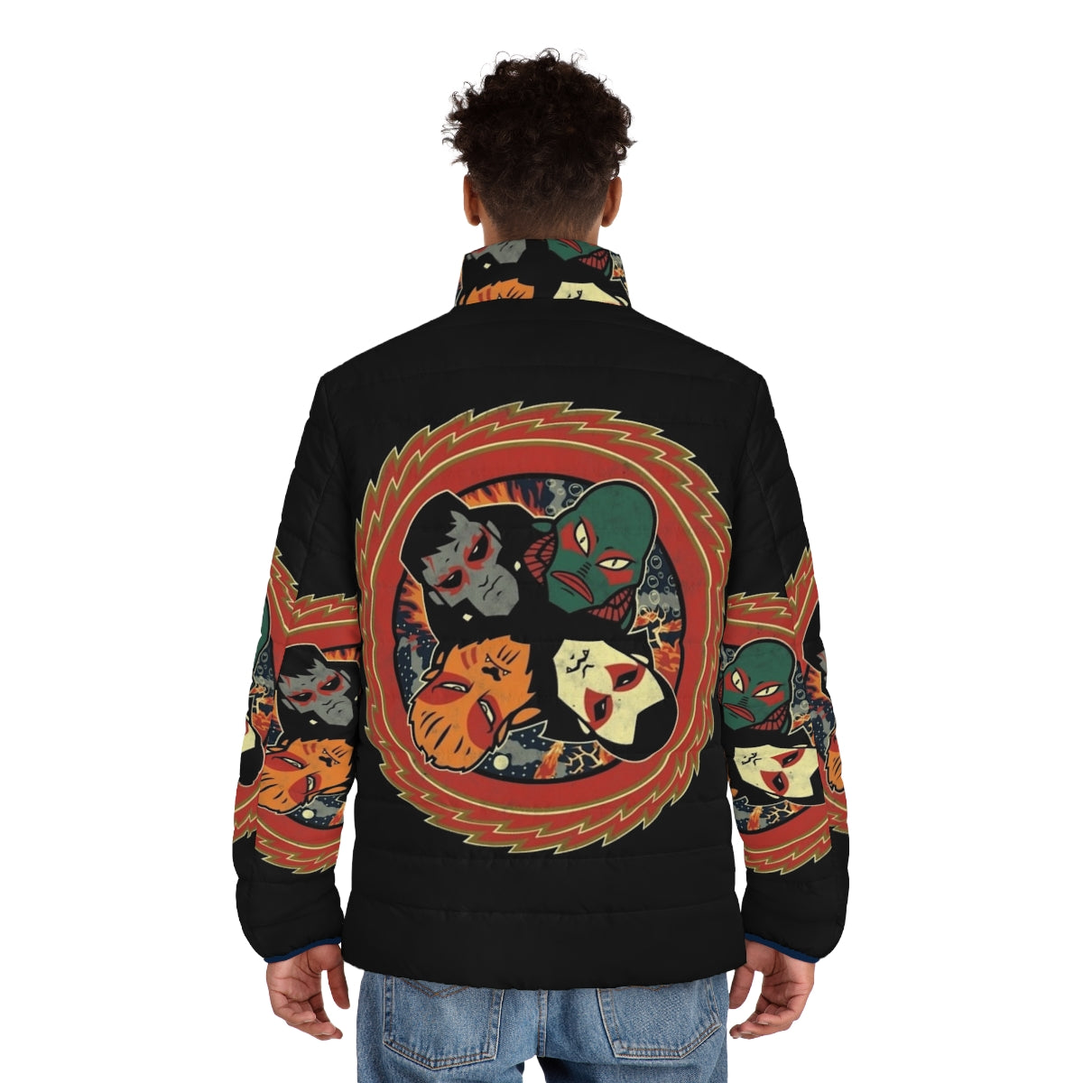 Monsters of Rock Vol III Puffer Jacket with Halloween Nostalgia Mashup - men back