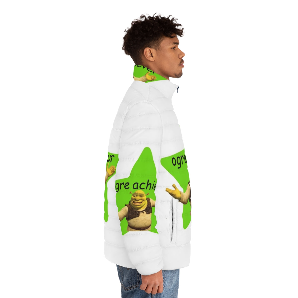 Shrek-inspired puffer jacket with playful design - men side right