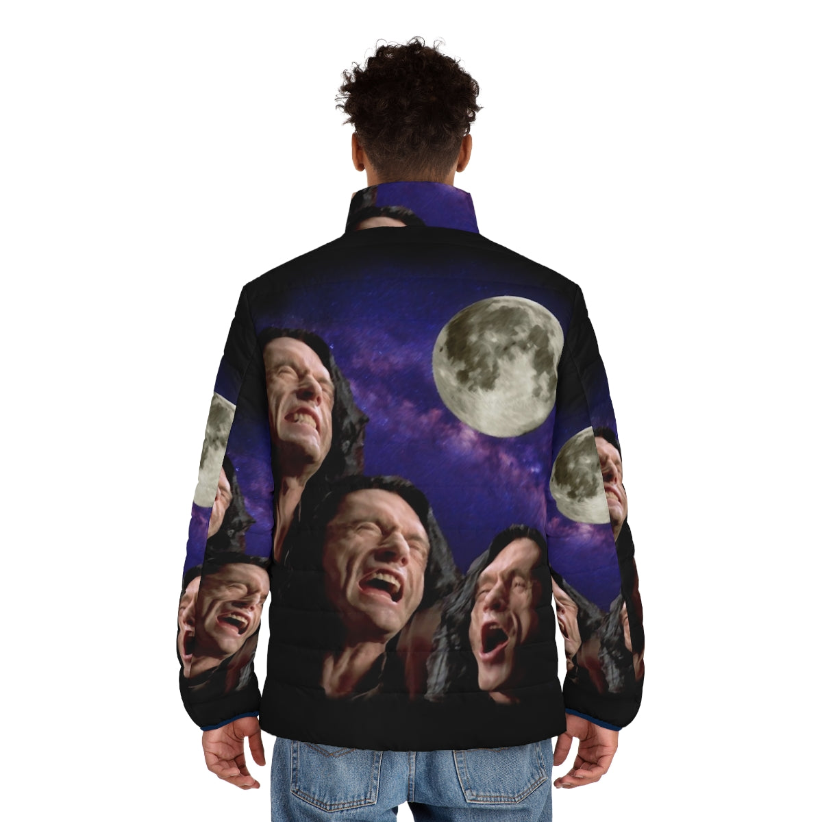 Three Wiseau Moon Puffer Jacket featuring Tommy Wiseau and the iconic Three Wolf Moon design - men back