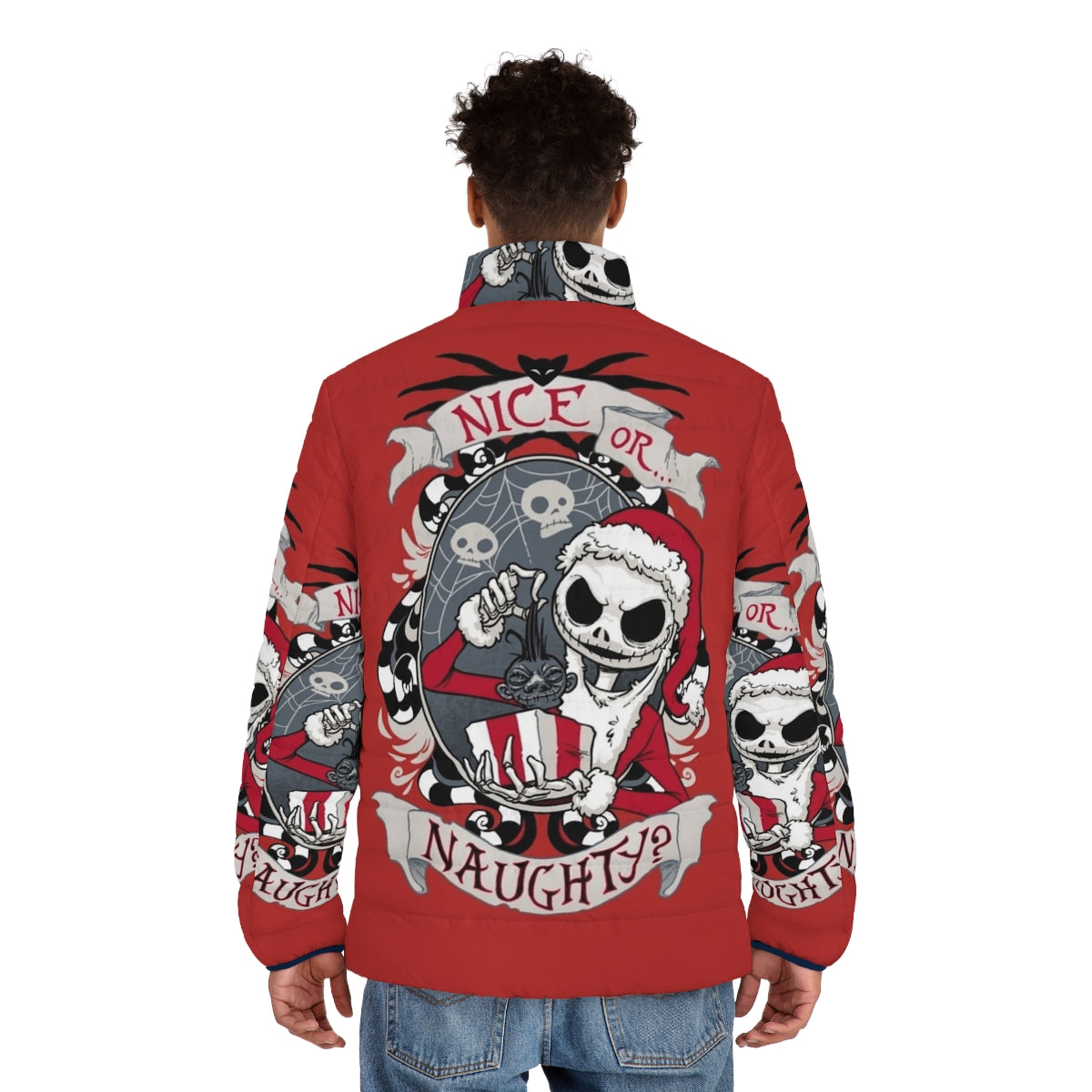 Scary Santa Puffer Jacket featuring Jack Skellington and Nightmare Before Christmas inspired design - men back