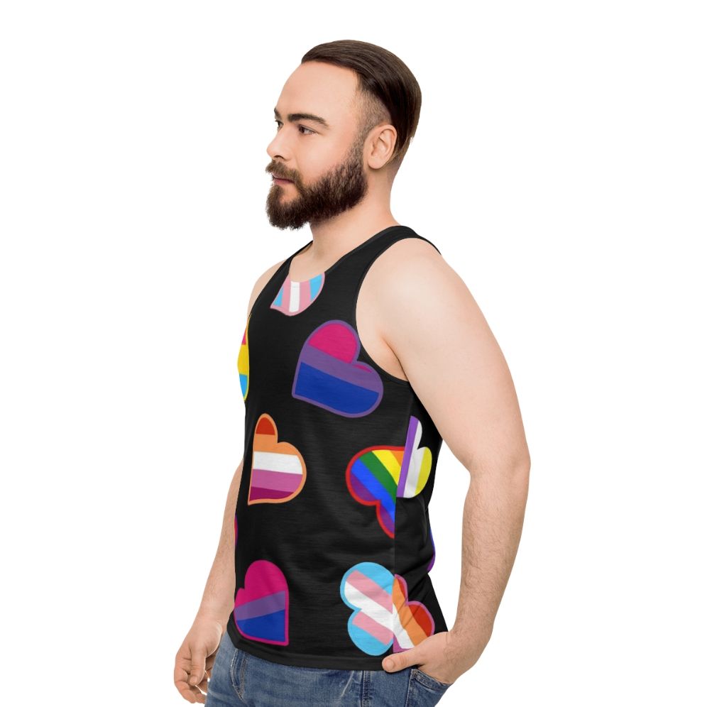 Colorful hearts and pride flags unisex tank top - men side