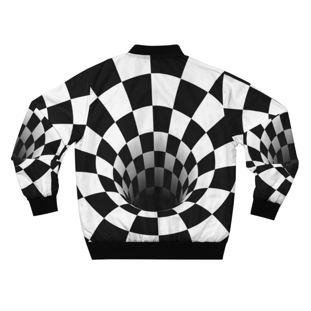 Black and white optical illusion checkerboard pattern on a bomber jacket - Back