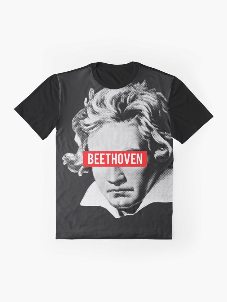 A graphic t-shirt featuring a halftone image of Beethoven, the famous classical music composer, surrounded by musical instruments like violin, viola, cello, and bass. - Flat lay