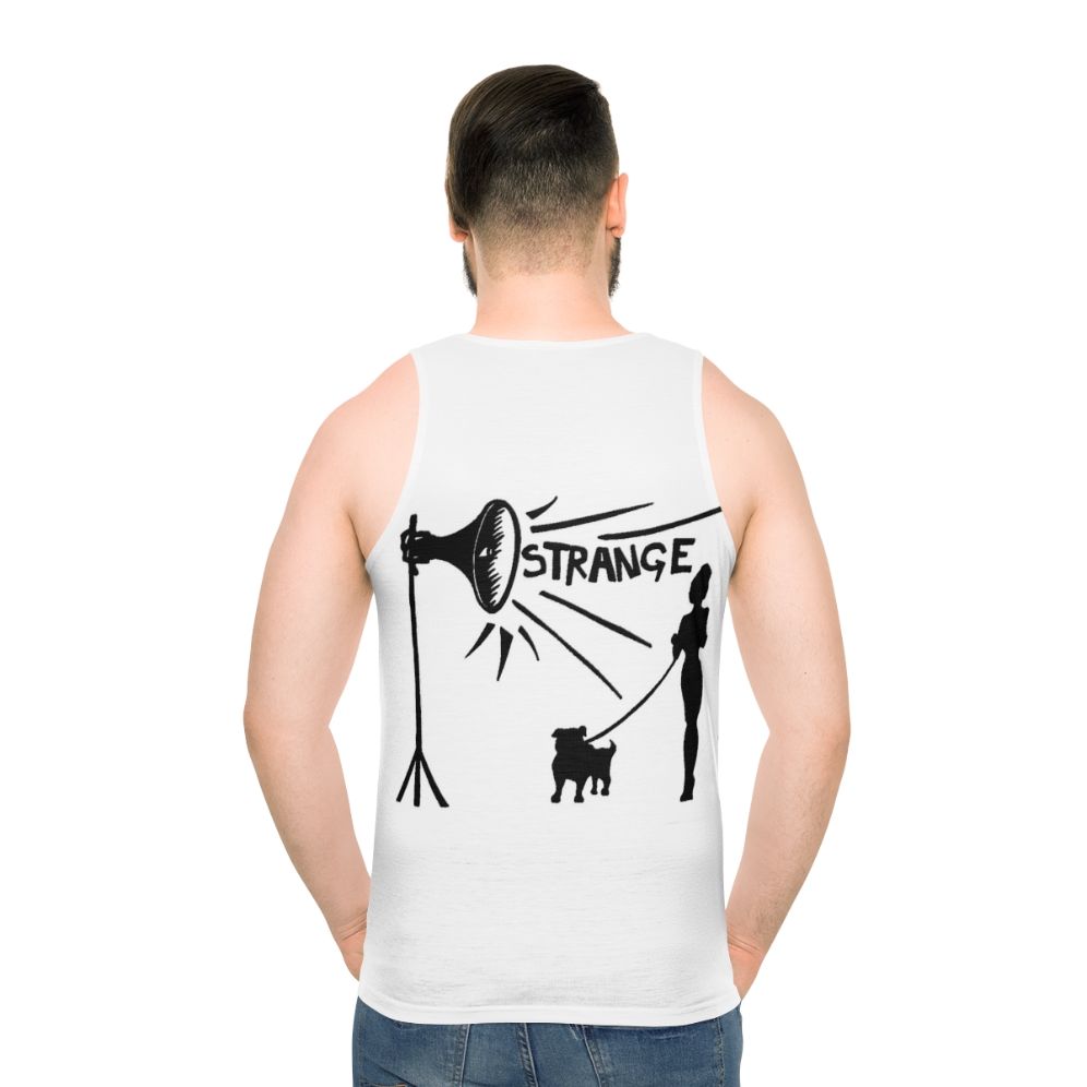 Strangelovev2 unisex tank top featuring Depeche Mode inspired synthpop music design - men back