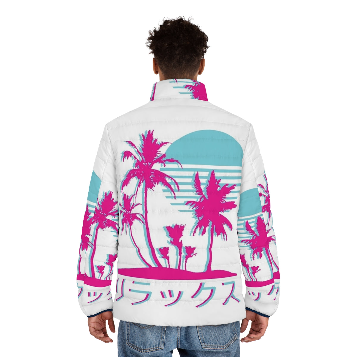 Retro vaporwave puffer jacket with neon palm design - men back