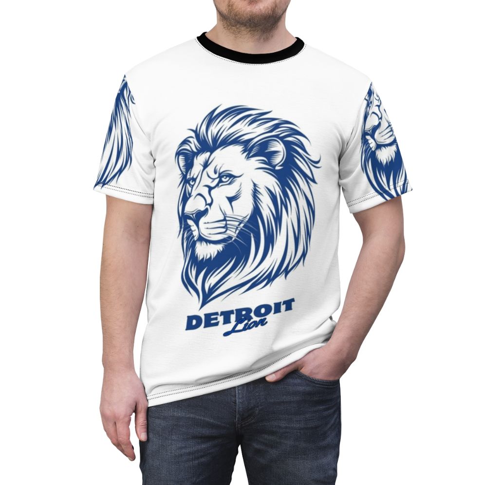 Stylized Detroit lion head graphic design on t-shirt - men front