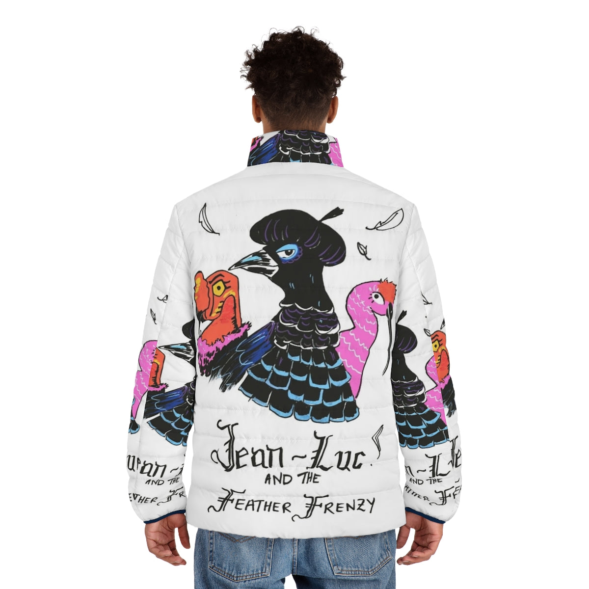 A stylish puffer jacket featuring a bird and feather design - men back