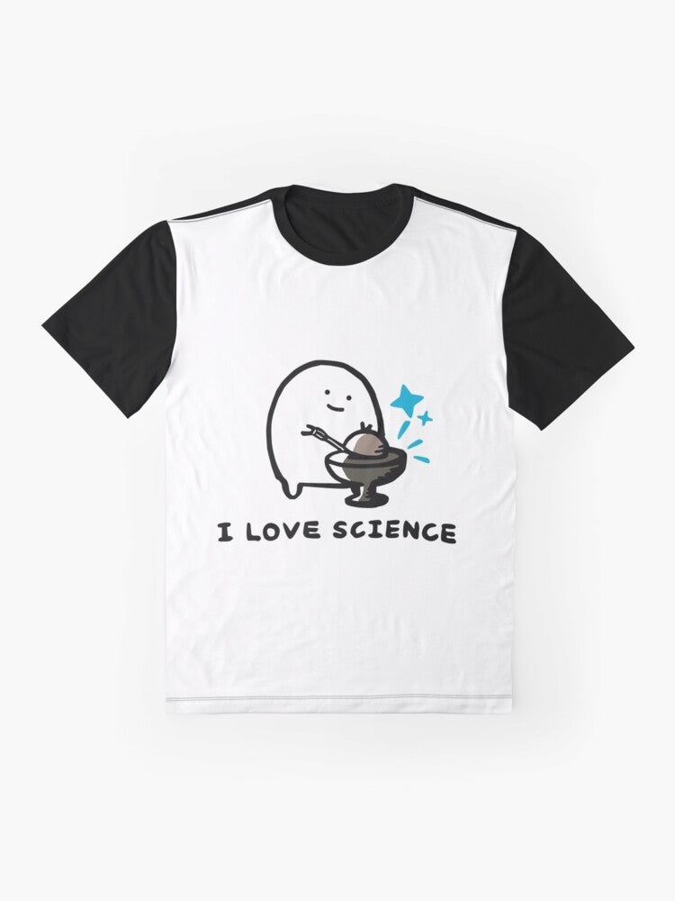 Graphic t-shirt with "I Love Science - Demon Core" design, featuring blue radiation sparks and nuclear elements. - Flat lay