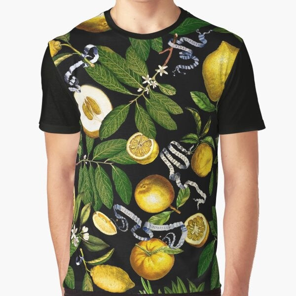 Lemon tree graphic design on a black t-shirt