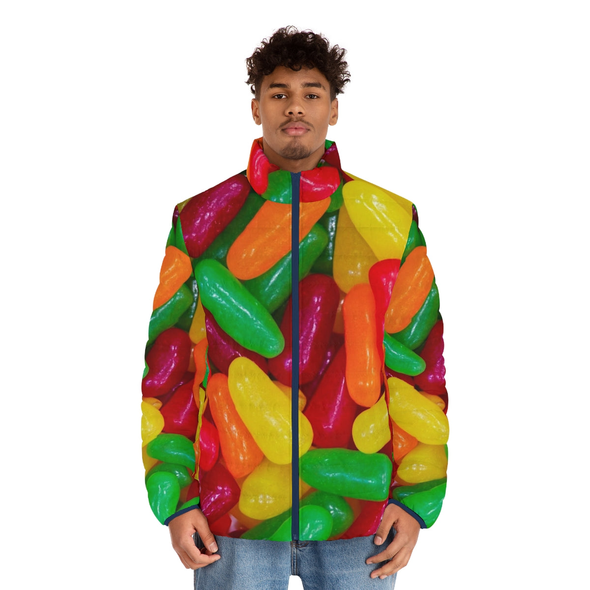 Colorful Mike and Ikes puffer jacket with round, soft candy-like appearance - men front