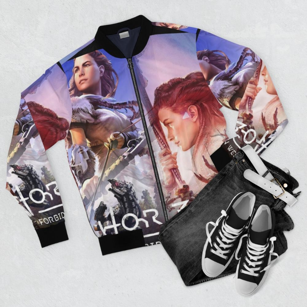 Horizon Forbidden West Aloy Bomber Jacket with game character design - Flat lay