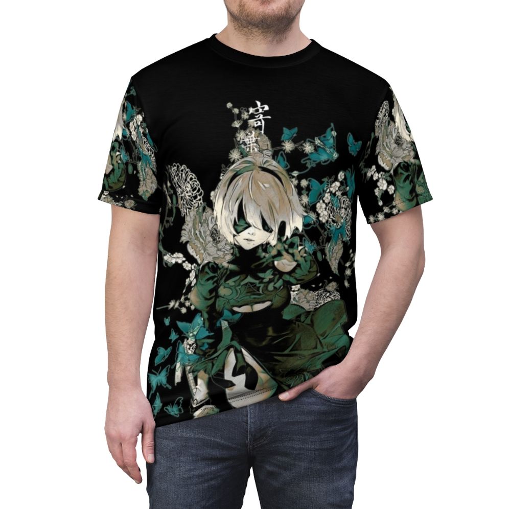 A t-shirt design featuring fantastical butterflies in a dark, garden-like setting, inspired by anime, manga, and the game Nier Automata. - men front