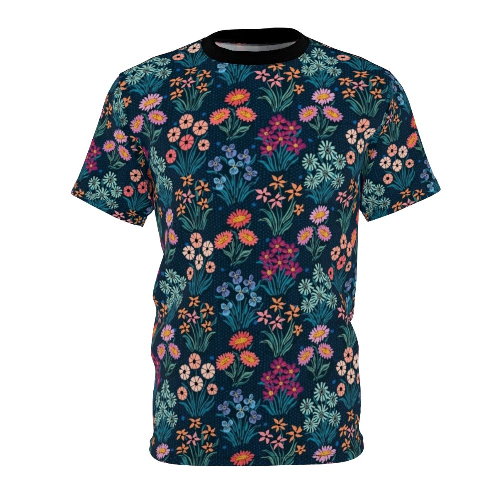 Vibrant floral pattern on a high-quality flower row t-shirt