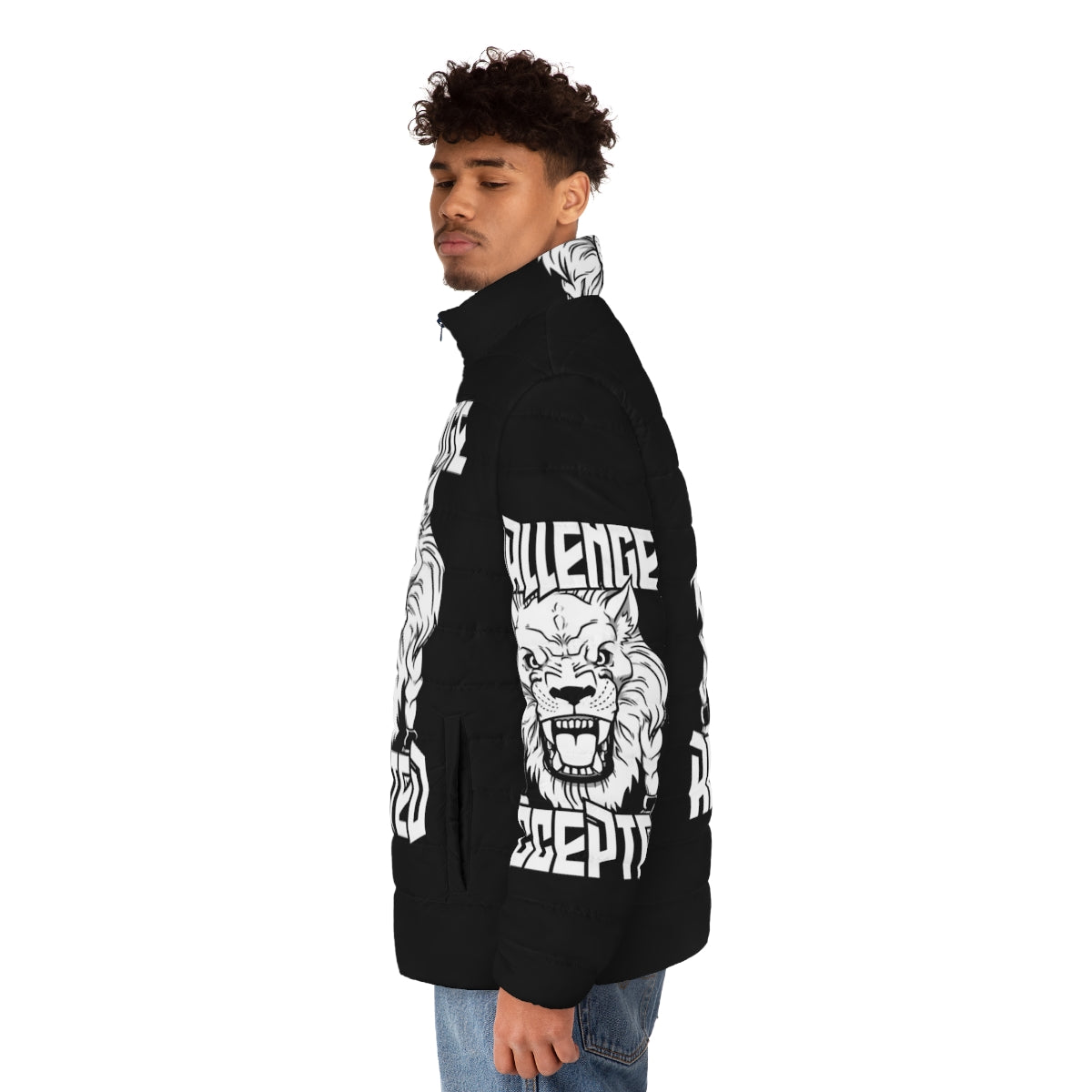 Battle Beast Puffer Jacket featuring a fierce white lion-like monster design - men side left