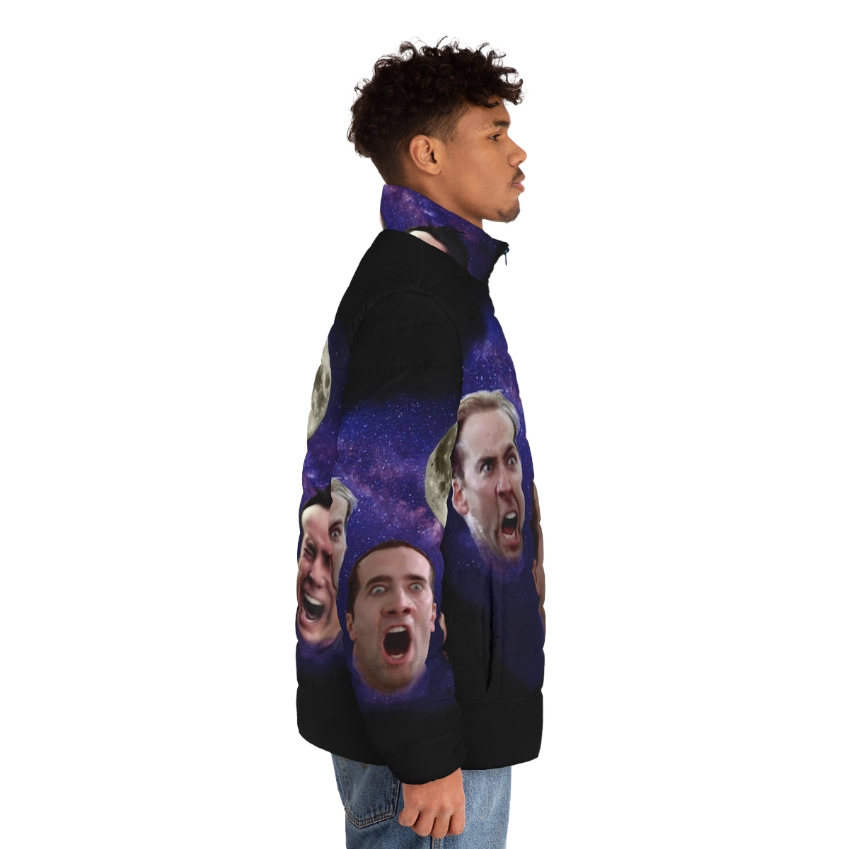 Three Cage Moon Puffer Jacket featuring a hilarious Nicolas Cage meme design - men side right