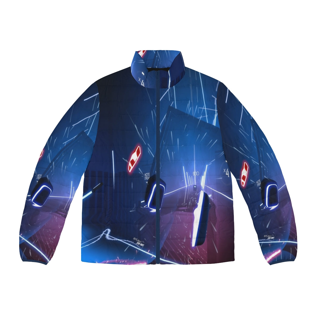 A person wearing a virtual world puffer jacket with neon lights and cyberpunk design