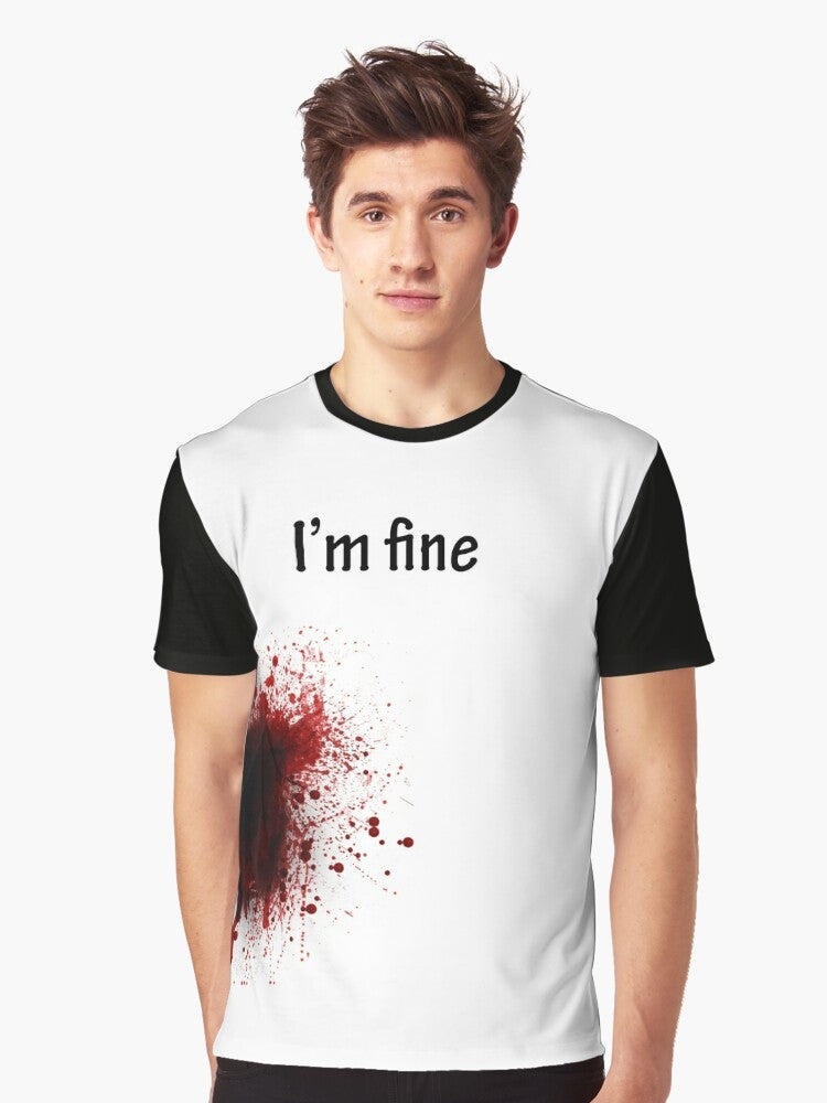 "I Am Fine" graphic t-shirt with a playful, imaginative design featuring a shooter, blood, and the text "I Am Fine" - Men