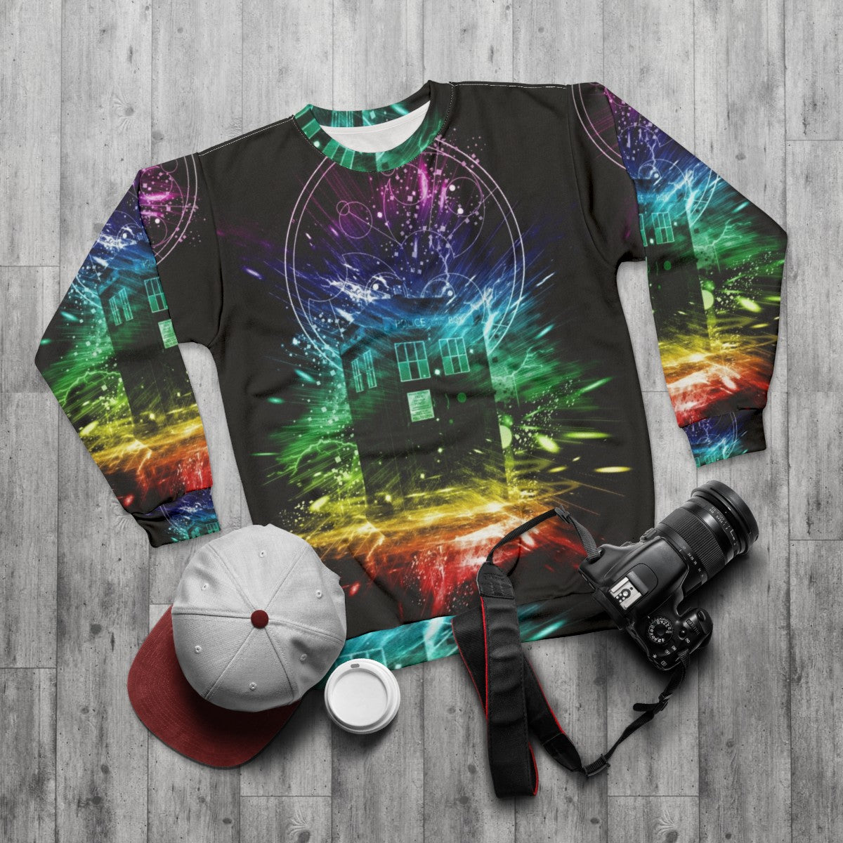 Time Storm Rainbow Doctor Who Inspired Sweatshirt - flat lay